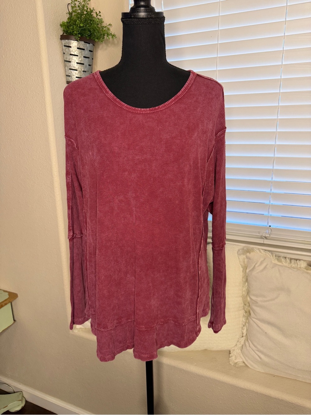 Easel Washed Ribbed Long Sleeve Oversized Boho Tunic Top - Raspberry Rose - Picture 2 of 7